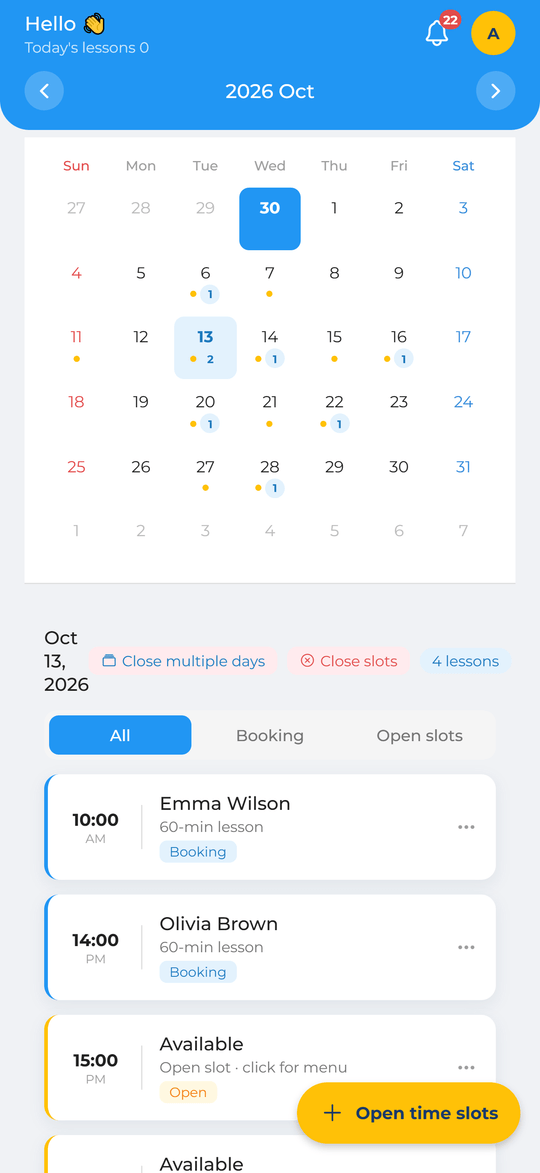 ProField coach calendar screen