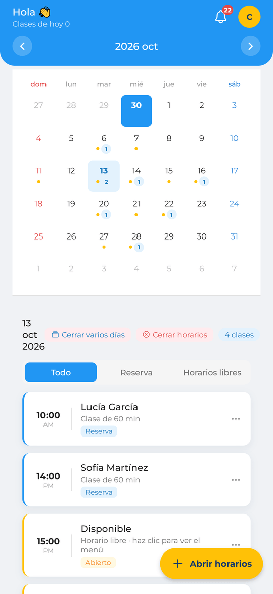Pantalla de calendario del instructor en ProField